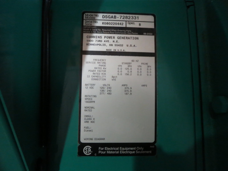 Used Cummins DSGAB Diesel Generator, EPA Tier 3, 294 Hrs