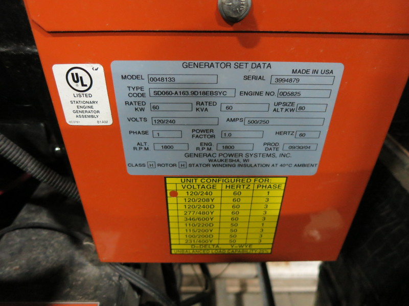 Used Generac SD060 Diesel Generator, 496 Hrs