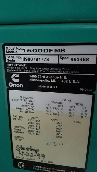 Used Cummins 1500DFMB Diesel Generator, 440 Hrs