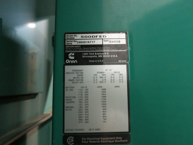 Used Cummins 500DFED Diesel Generator, 1213 Hrs