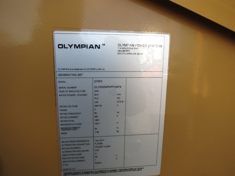 Used Caterpillar D75-P3 Diesel Generator, 62 Hrs