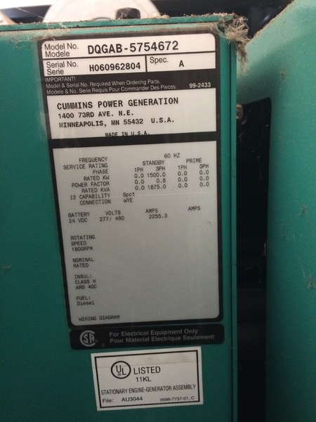 Used Cummins DQGAB Diesel Generator, 72 Hrs, EPA Tier 2