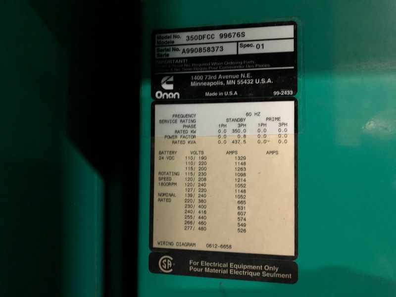 Used Cummins 350DFCC Diesel Generator, 786 Hrs