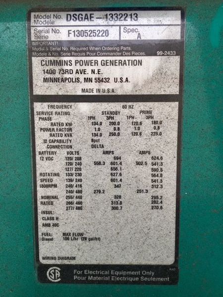 Used Cummins DSGAE Diesel Generator, 228 Hrs EPA Tier 3