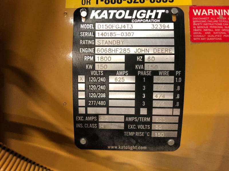 Used Katolight D150FGJ4T3 Diesel Generator, 78 Hrs Single Phase, EPA Tier 3