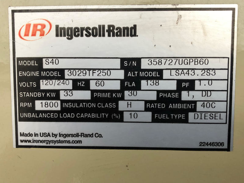 Used Ingersoll Rand S40 Rental Grade Diesel Generator, 179 Hrs