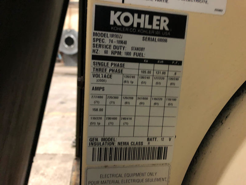 Used Kohler 100R0ZJ Diesel Generator, 670 Hrs