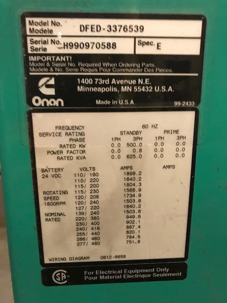 Used Cummins DFED KTA19-G4 Diesel Generator, 519 Hrs