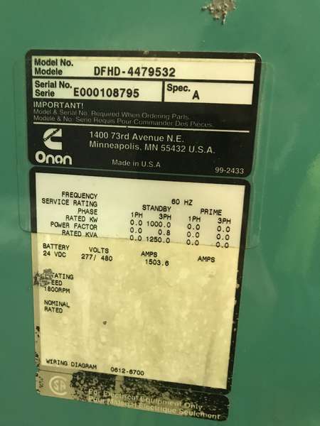 Used Cummins DFHD, QST30-G5 Diesel Generator, 475 Hrs