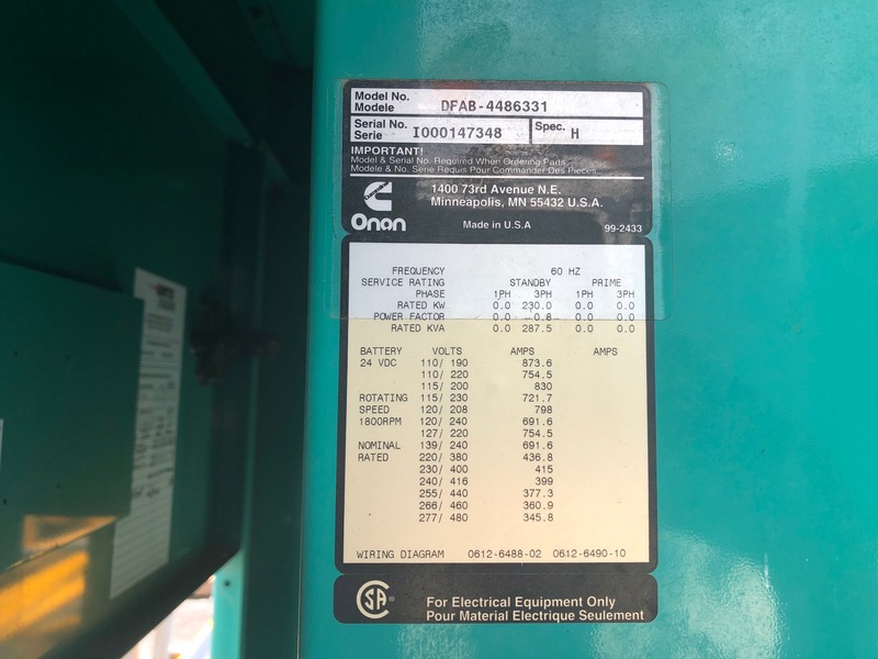 Used Cummins DFAB Diesel Generator, 1033 Hrs