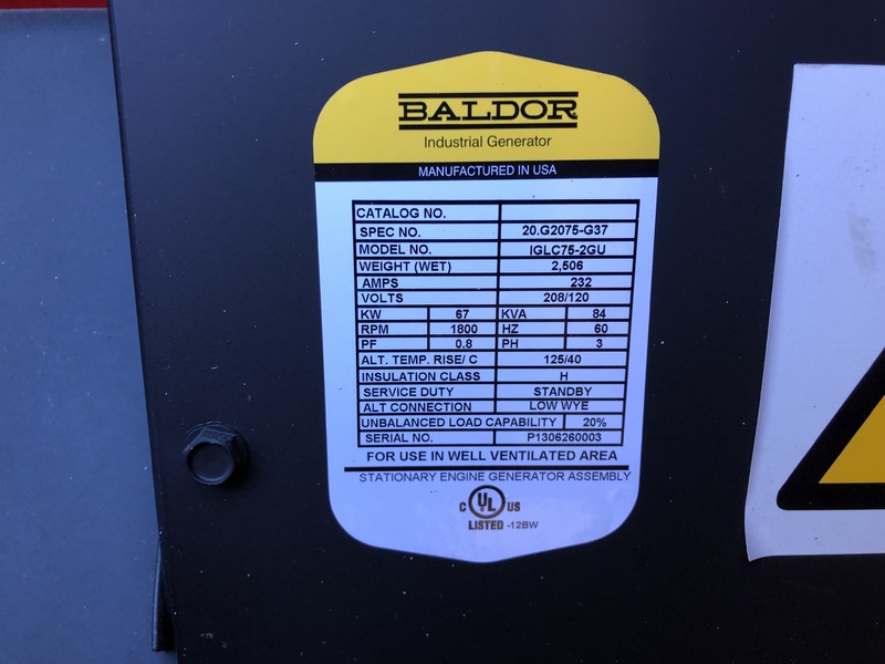 Used Baldor IGLC75-2GU Natural Gas / Propane Generator, 96 Hrs, EPA Certified