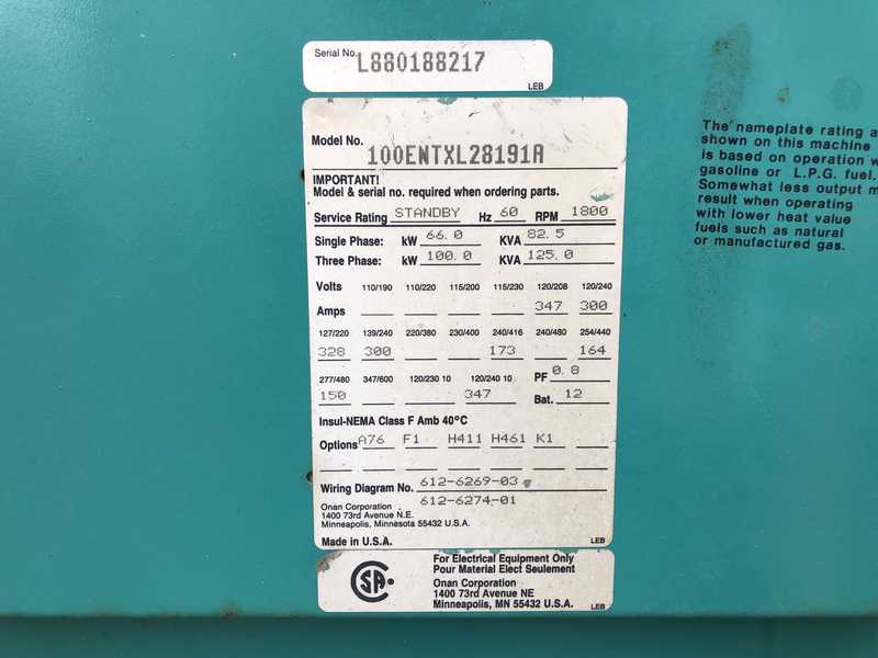 Used Cummins 100ENTXL28191A Natural Gas Generator, 1266 Hrs,