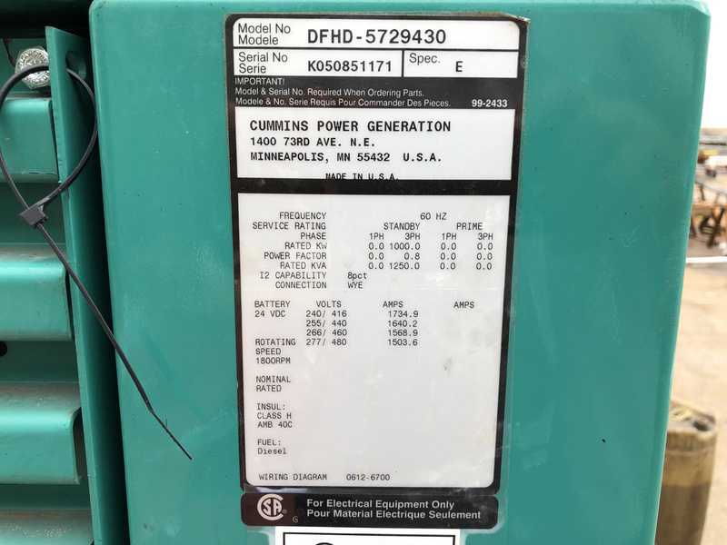 Used Cummins DFHD, QST30-G5 Diesel Generator, 706 Hrs