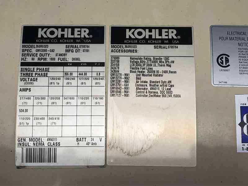 Used Kohler 350REOZD  Diesel Generator, 394 Hrs