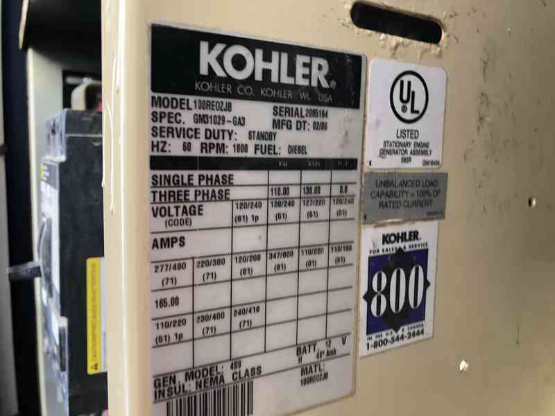 Used Kohler 100REOZJB Diesel Generator, 367 Hrs