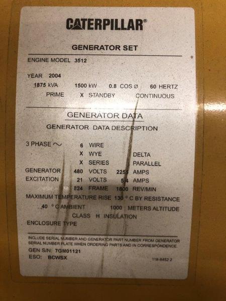 Used Caterpillar 3512B Diesel Generator, 466 Hrs