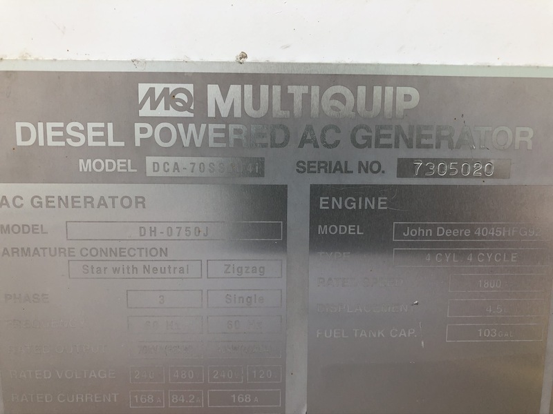 Used Multiquip DCA-70SSJU4i John Deere 4045HFG92 Rental Grade Diesel Generator, 795 hrs, EPA Tier 4i
