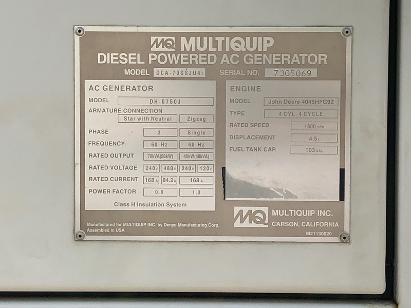 Used Multiquip DCA-70SSJU4I John Deere 4045HFG92 Rental Grade Diesel Generator, 799 hrs, EPA Tier 4i