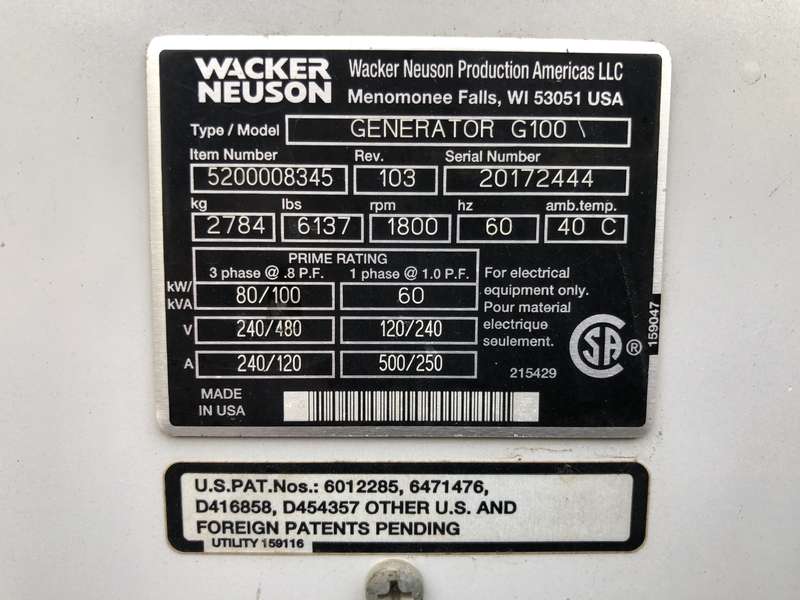 Used Wacker Neuson G100 Rental Grade Diesel Generator, 12078 Hrs, EPA Tier 3