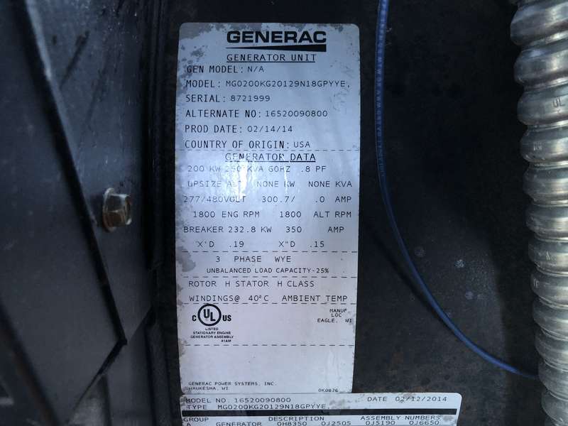Used Generac MG200 Natural Gas Generator, 136 Hrs, EPA Certified