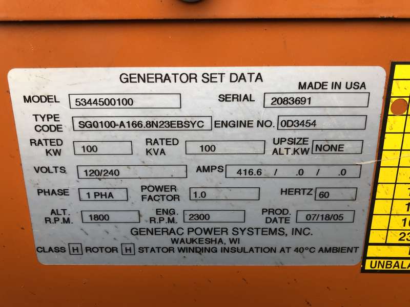 Used Generac SG100 Natural Gas / Propane Generator, 1 Hrs Single Phase