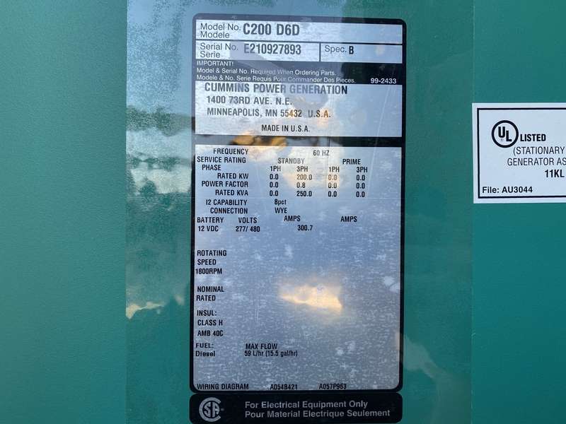 New Cummins C200D6D QSB7-G5 NR3 Diesel Generator, EPA Tier 3