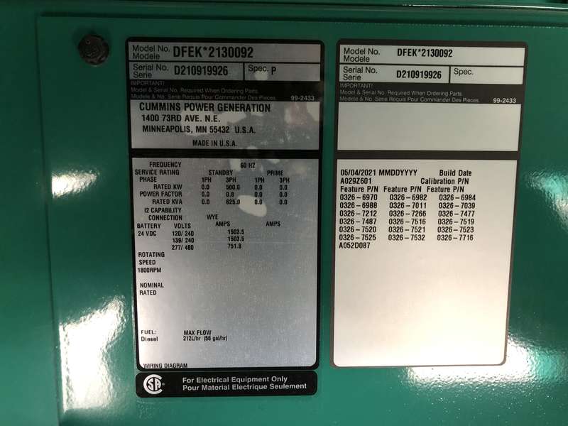 New Cummins DFEK QSX15-G9 Diesel Generator, 0 Hrs, EPA Tier 2