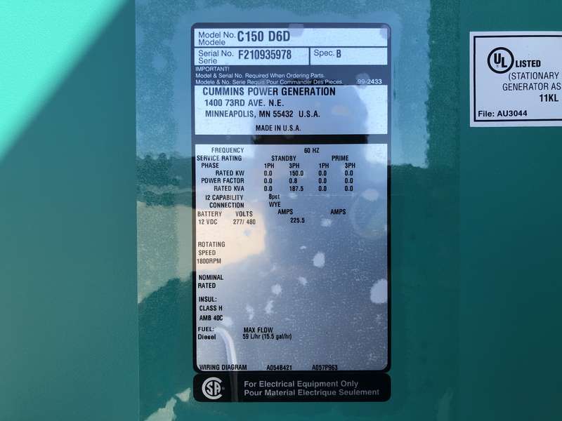 New Cummins C150D6D QSB7-G5 NR3 Diesel Generator, EPA Tier 3