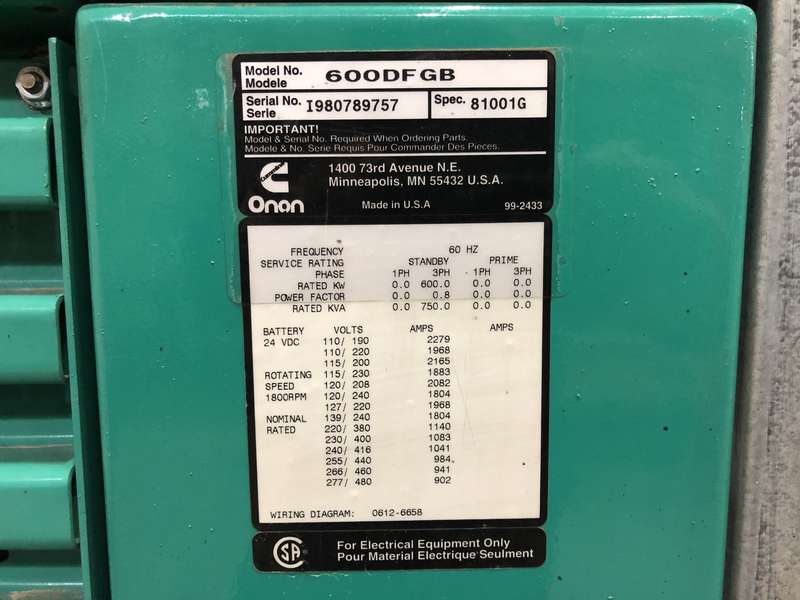 Used Cummins DFGB VTA28-G5 Diesel Generator, 390 Hrs