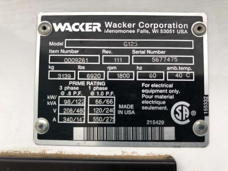 Used Wacker Neuson G125 Rental Grade Diesel Generator, 11407 Hrs, EPA Tier 3