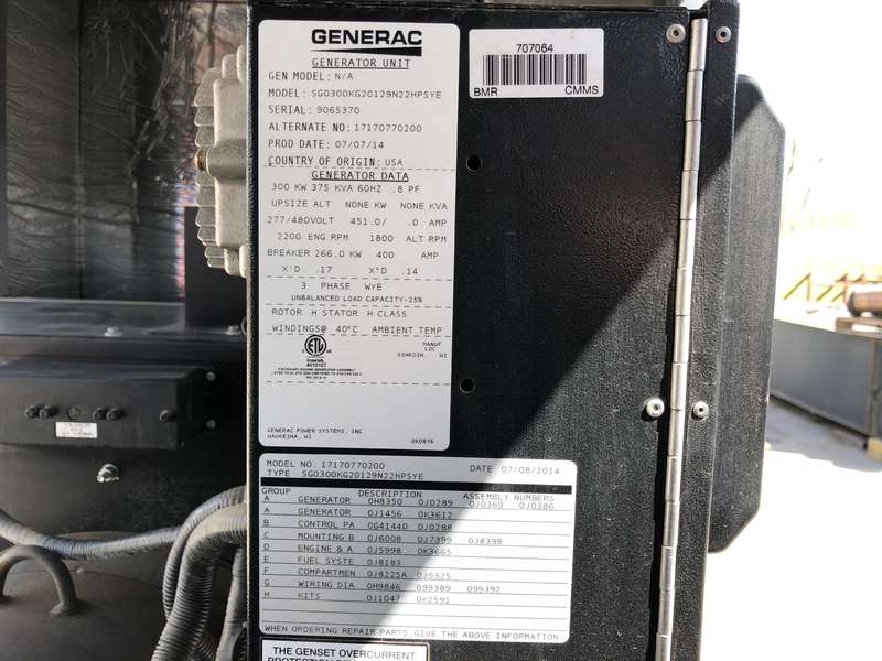 Used Generac SG300 Natural Gas Generator, 167 Hrs, EPA Certified