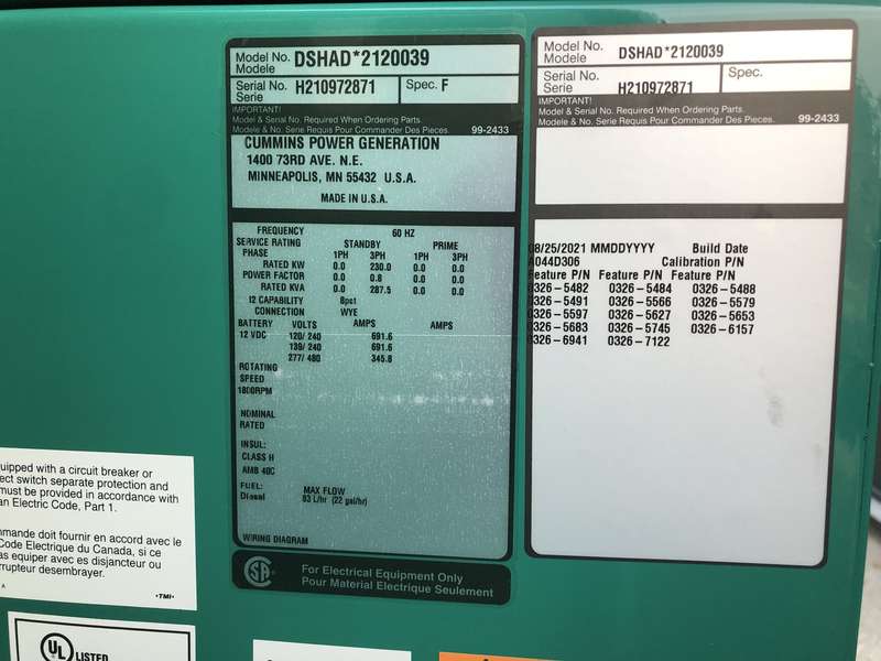 New Cummins DSHAD QSL9-G2 NR3 Diesel Generator EPA Tier 3