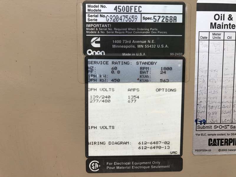 Used Cummins DFEC KTA19-G3 Diesel Generator, 1060 Hrs