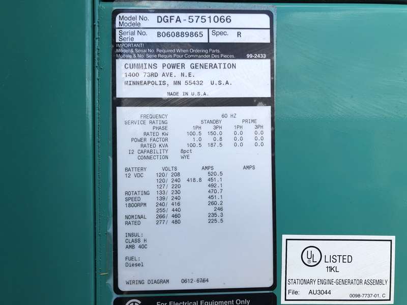 Used Cummins DGFA Diesel Generator, 135 Hrs