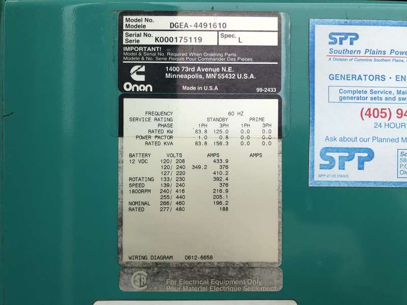 Used Cummins DGEA Diesel Generator, 745 Hrs