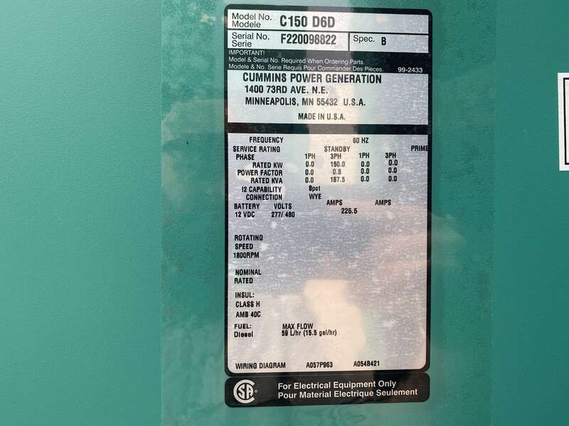 New Cummins C150D6D QSB7-G5 NR3 Diesel Generator, EPA Tier 3