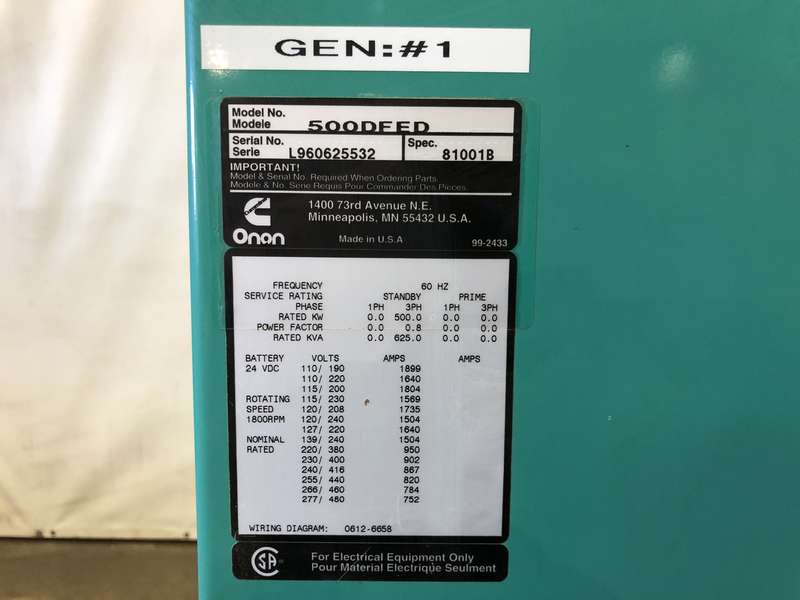 Used Cummins DFED KTA19-G4 Diesel Generator, 513 Hrs