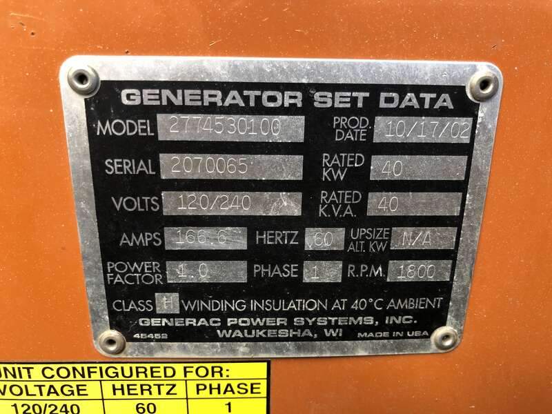 Used Generac SG40 Natural Gas / Propane Generator, 151 Hrs Single Phase