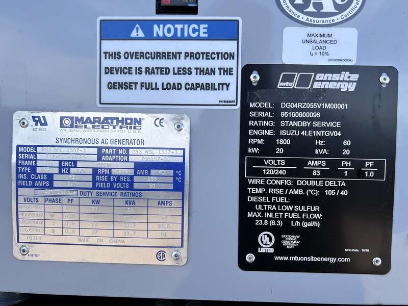 Used MTU DG04RZ055V1M00001 Isuzu 4LE1NYGV04 Diesel Generator, 61 Hrs, EPA Tier 3