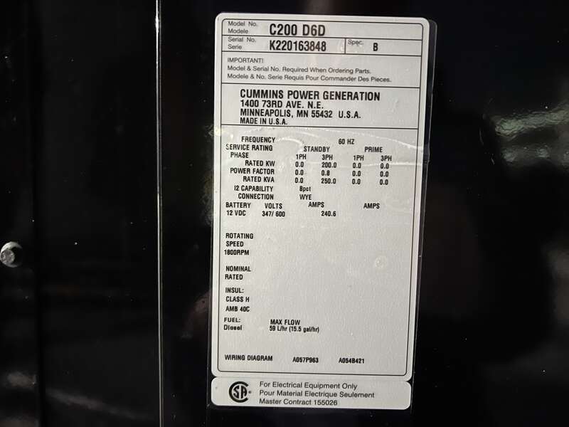 New Cummins C200D6D QSB7-G5 Diesel Generator 0 Hrs EPA Tier 3