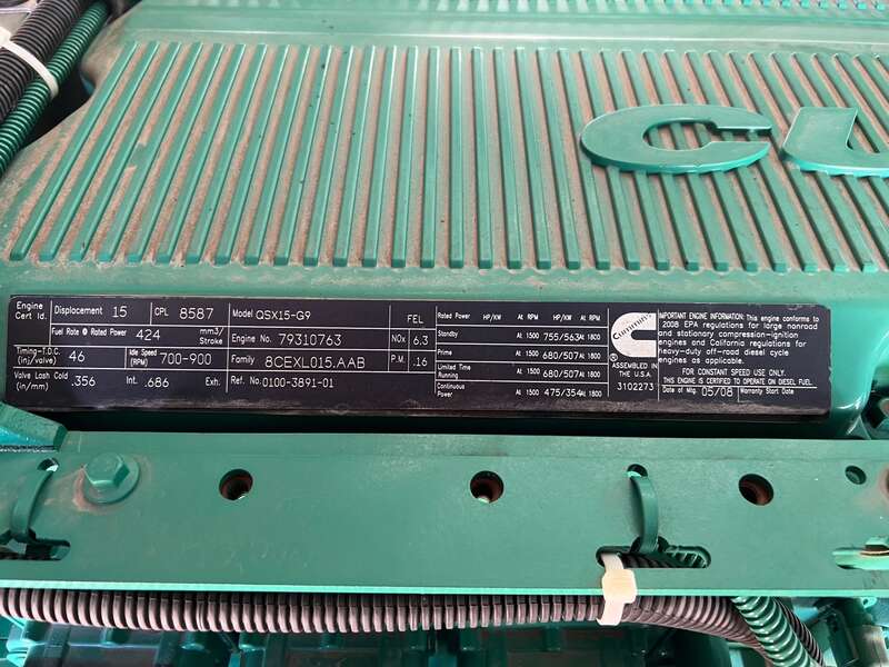 Cummins DFEK QSX15-G9 NR2 Diesel Generator, 374 Hrs, EPA Tier 2