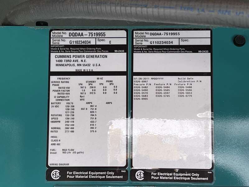 Used Cummins DQDAA QSL9-G3 NR3 Diesel Generator, 166 Hrs, EPA Tier 3