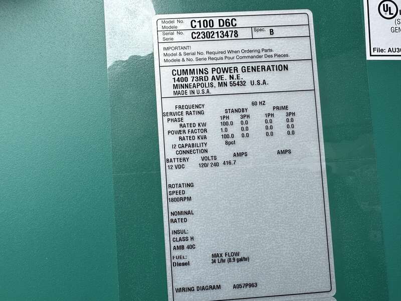 New Cummins C100D6C QSB5-G13 Diesel Generator, EPA Tier 3 - Single Phase