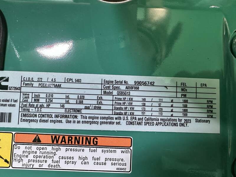 New Cummins C100D6C QSB5-G13 Diesel Generator, EPA Tier 3 - Single Phase