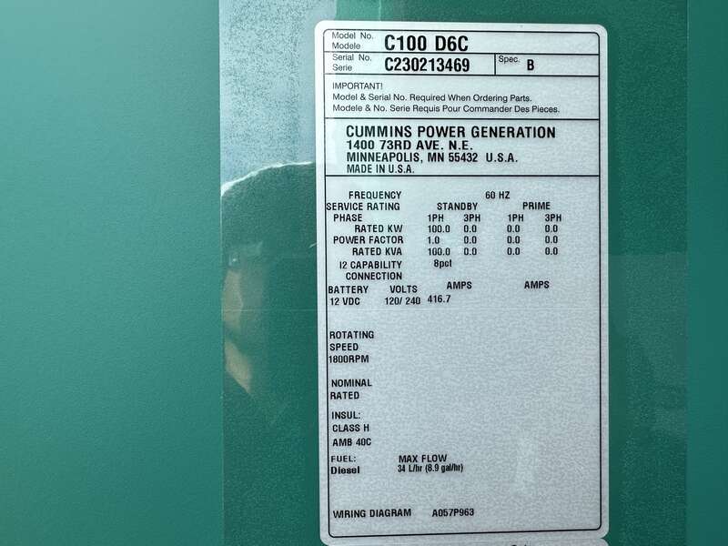 New Cummins C100D6C QSB5-G13 Diesel Generator, EPA Tier 3 - Single Phase