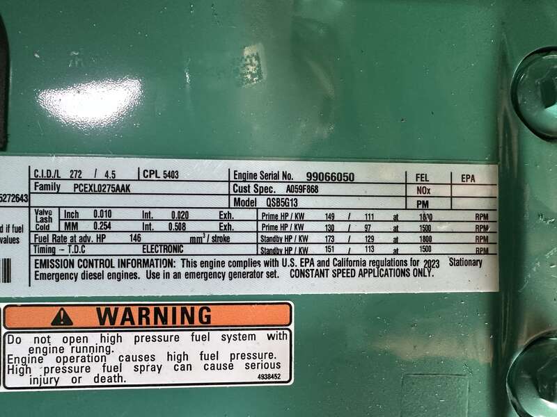 New Cummins C100D6C QSB5-G13 Diesel Generator, EPA Tier 3 - Single Phase