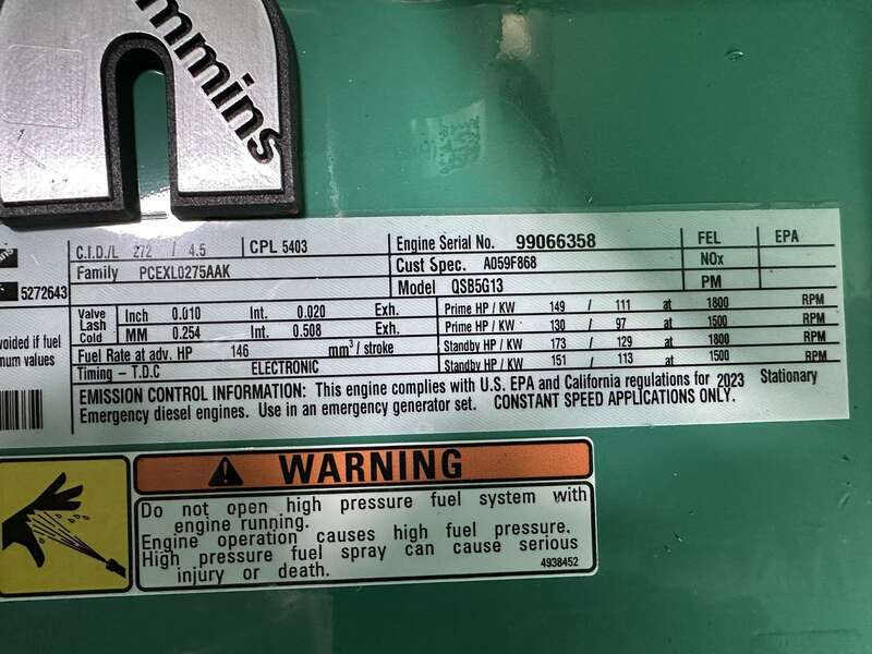 New Cummins C100D6C QSB5-G13 Diesel Generator, EPA Tier 3 - Single Phase