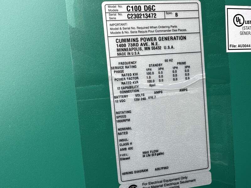 New Cummins C100D6C QSB5-G13 Diesel Generator, EPA Tier 3 - Single Phase