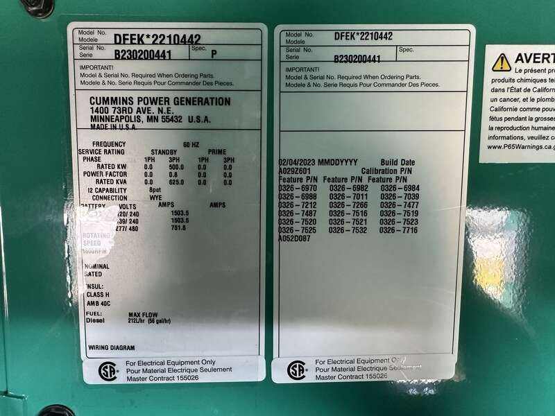 New Cummins DFEK QSX15-G9 Diesel Generator EPA Tier 2