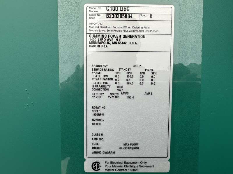 New Cummins C100D6C QSB5-G13 NR3 Diesel Generator, EPA Tier 3